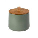 Large artichoke green stoneware canister with wooden lid and leather pull loop, 2.5-quart capacity