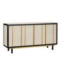 Angle view of credenza showing gold accent strip below front door panels and black legs
