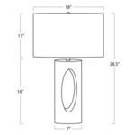 Product dimensions diagram showing lamp height, width, and shade size in inches