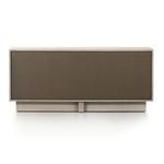 Back panel in smooth solid finish contrasting with the ashen walnut veneer