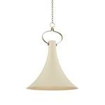 Radcliff 1 Light Large Pendant with slender cream shade flaring outward and curved brass hardware detail