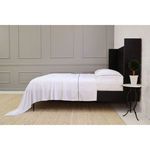 Side view of Sheena Bamboo Sateen Sheet Set showing navy piping on pillowcases and sheets