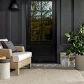Birdie rug styled outdoors in front of a black door with patio furniture and plants