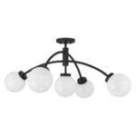 Redfield light fixture shown unlit with glossy white glass orbs