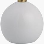 Close-up of smooth round white ceramic lamp base with brass neck