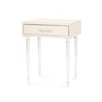 Jolene 1-Drawer Side Table in ivory leather with polished nickel pull and tapered metallic legs