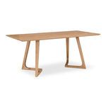 Dining table viewed from angled side showing tapered edge and geometric leg shape