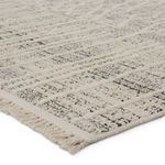 Close-up angled view showing cut and looped pile texture and cream fringe on rug corner