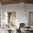 Chandelier installed in a living room setting with neutral decor, visible side angle includes mirror on wall