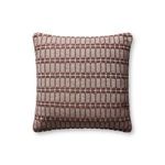 Square throw pillow with textured geometric pattern in muted two-toned burgundy, 18 by 18 inches
