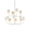 Castle Yard chandelier with twelve white cylindrical shades and curved arms on a hanging chain