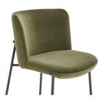 Close-up showing olive green velvety faux mohair upholstery texture on seat and back