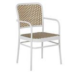 Outdoor arm chair with white metal frame and natural and white woven seat and backrest