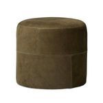 Camino Ottoman shown from a slightly angled side view highlighting stitched leather panels
