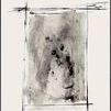 Abstract painting with bold black strokes framing a textured grey central area on a light background