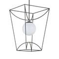 Side view of Rochefort lantern with opaque white glass globe suspended in lower part of black metal frame