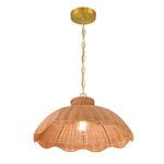 Scalloped Serenity Rattan Pendant with light bulb turned on inside the rattan shade