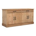 Sideboard shown from a 45-degree angle highlighting wood grain and black metal drawer and door handles