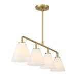 Chandelier angled from below showing four illuminated glass lamp shades and brass finish