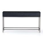 Back view of Trey Console Table with solid black wood panel and metal frame base