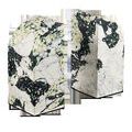 Pair of Fossey Object sculptures with curved edges, synthetic stone in black, white, green, and pale yellow swirl pattern