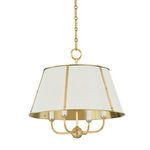 Cambridge 4 Light Chandelier with white tapered shade and brass metal frame hanging by chain