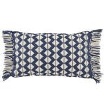 dark blue and ivory geometric patterned lumbar pillow with tasseled corners and woven texture