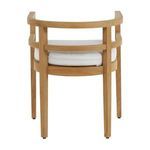 Barrel back arm chair without cushion emphasizing the slatted teak wood seat base