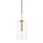 Belinda 1 Light Pendant with clear cylindrical glass shade and brass steel fixture on black cord