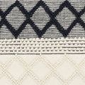 Close-up of textured diamond and linear woven details in black and cream on entry rug