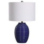 Luke Table Lamp in full front view with glossy ribbed indigo blue base and white drum shade