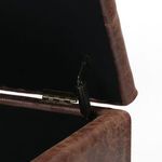 Close-up of Jefferson Trunk hinge and support mechanism in vintage tobacco faux leather
