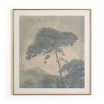 Vertical grain white oak framed painting showing a muted landscape with a prominent tall tree against a cloudy sky