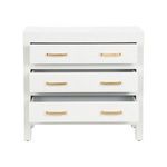 White chest with all three drawers partially open showing interior space and drawer slides