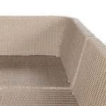 Wide angled view from inside the U-shape displaying seating cushions and rattan backs