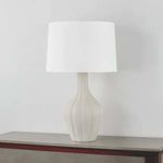 Glendora Table Lamp with a speckled white gourd-shaped ceramic base and white linen drum shade