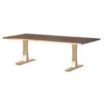 Rectangular dining table with dark wood top and light beige dual pedestal legs