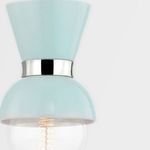 Gillian wall sconce showing top blue shade narrowing upward with polished metal band