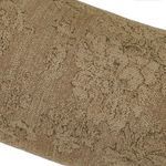 Close-up showing darker beige April Bolster Pillow fabric and printed damask pattern