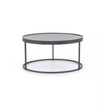 Single smaller round coffee table with black iron frame and shelf, gray top
