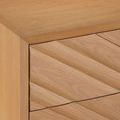 Close-up of chest corner showing beveled edge and smooth light oak wood grain