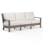 Laguna Sofa with driftwood-finish aluminum frame and white cushions, three-seat outdoor sofa design