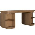 Back angled view highlighting rattan-sided shelves and clean wood back panels
