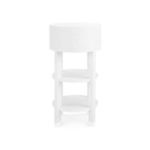 Back view of the table highlighting the smooth round back and two open shelves