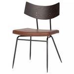 Soli Dining Chair with curved dark wood backrest, brown leather seat, and slender black metal legs