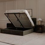 Sebastion Storage Bed with mattress lifted up revealing full under-bed storage space