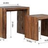 Measurements overlay showing dimensions of each teak nesting table in inches