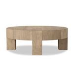 Large round coffee table made from thick-cut oak veneer with chunky squared legs and rustic wormwood oak finish
