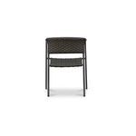 Back view of a single woven outdoor dining chair highlighting basketweave backrest and seat