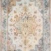 Clara Mist Multi vintage style rug with classic old-world ornate medallion design in soft blue, beige, and muted gold tones